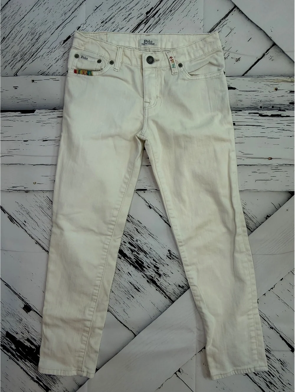 Y2K Boho Vintage Polo Ralph Lauren Embroidered Cream Jeans NWOT Girls LG 12/14